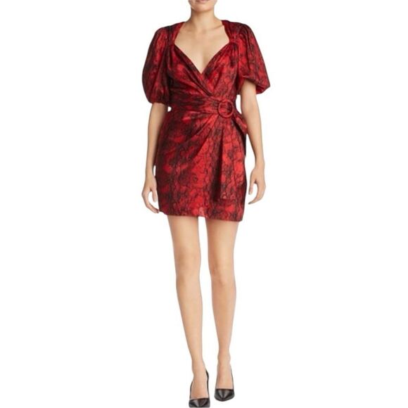 RONNY KOBO Dress Torrey Mini V neck Puffed Sleeve Snakeskin Print Red Size XS - Picture 13 of 14